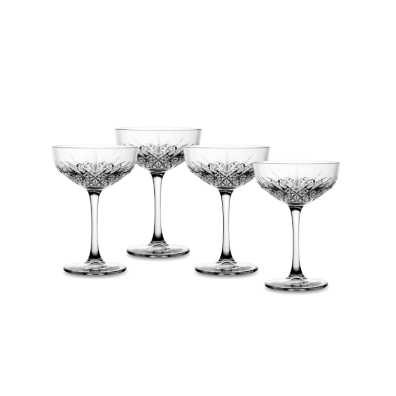 Set 4 Coppe Champagne Serie Timeless in Vetro Trasparente Con Decoro  Geometrico 27 cl